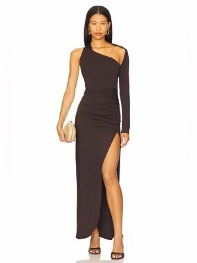Superdown Revolve Romona Chocolate Brown Ruched Slit One Sleeve Maxi Dress Small